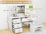 White Vanity Desk and Stool Set with Sliding Mirror & 3-Mode LED Light Strip, Anti-Toppling Dressing 57857902