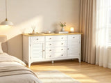White Adjustable Shelves Sideboard Buffet Cabinet with Storage Drawers, Rubber Wood Top Coffee Bar 77054892