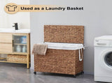 160L 3-Section Laundry with Lid and Wheels, Woven Natural Water Hyacinth Rolling Laundry 22369298