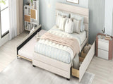 Queen Upholstered Platform Bed with Twin Size Trundle and Two Drawers, Beige 25388983
