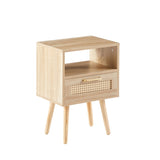 15.75" Rattan End table with drawer and solid wood legs, Modern nightstand, side table for living W126573110