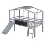 Twin Size Loft Bed with Ladder and Slide, House Bed with Blackboard and Light Strip on the Roof, WF324323AAE