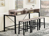59 inch bar table, dining table, sofa table with power socket and LED light, 3 saddle stools, 09295421