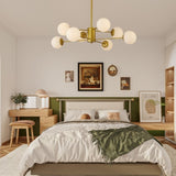 Modern 8-Light Gold Chandelier with White Glass Globe Shades, Mid-Century Branching Design, Elegant W1340P211849