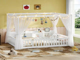 Full Size Montessori Floor Bed, Headboard with Open Storage Cubbies, 4-Sided Guardrails with Access W5767P517425