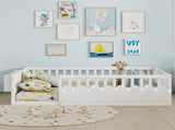 Full Montessori Floor Bed Frame with High Rails, Wood Kids Floor Beds with Light and Storage Shelf, W2593P445207