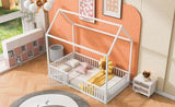 Twin Size Metal House Bed with Fence and Door, White MF315932AAK