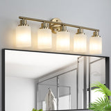 5-Light Golden Bathroom Vanity Light Fixture, Frosted Glass Shades, Modern Wall Mounted Lighting W1340P206702