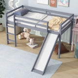 Twin Low Loft Bed with Slide, Ladder, Safety Guardrails, Rubber Wood Twin Loft Bed,Grey W504P218522