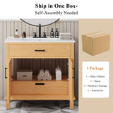 36" Rattan Bathroom Vanity with Ceramic Sink, Modern Bathroom Sink Cabinet with 2 Soft Close Doors N817P271077N