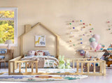 Twin and Full Size Solid Wood Montessori Floor Bed, House Shaped Frame with Safety Guardrails, W5767P546848