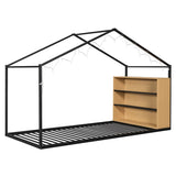 Twin Size Metal Bed House Bed Frame with Shelves and Lights, Black N737P176708B
