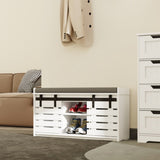 Modern Shoe Storage Bench, 2-Tier Entryway Bench with 2 Sliding Barn Doors & Full Soft Removable W282P224756