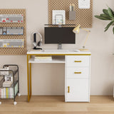 ZNTS FCH White Particleboard Iron Pipe 97*35*78cm 2 drawers and 1 door Computer desk Multiple scenes 99971577