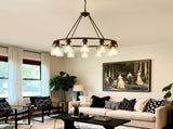 Black Wagon Wheel Chandelier 34.25Inch Modern Farmhouse Glass Pendant Light 12-Light Ceiling Hanging W5008P468521
