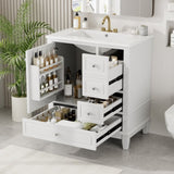 30" Bathroom Vanity with Sink, One Door with Shelf and Three Drawers, Soft Close Door, White N759P225994K