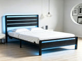 Twin Size Metal Bed Frame with 3-Panel Wood Grain Headboard, Built-in LED Light & Charging Station, 65759738