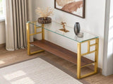 44 Inch Console Table with Storage Shelf, Modern Tempered Glass Entryway Table with Gold Metal Frame W2920P495917