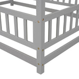 ZNTS Full Size Floor Wooden Bed with House Roof Frame, Fence Guardrails ,Grey W1791P148192