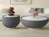 Modern Round Sintered stone Pattern Tabletop Leather Edge Sofa End Table with Metal Base,Luxurious W3081P309606