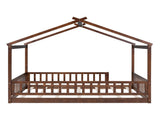 Full Size Wood Bed House Bed Frame with Fence, for Kids, Teens, Girls, Boys,Walnut WF302177AAL