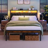 Queen size Platform Bed Frame with 105-Degree Tilted Upholstered Headboard, Charging Station, LED W1903P195268