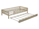 Twin Size Wood Daybed with Trundle and Fence Guardrails, Natural WF301862AAN