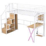 Twin Size Metal Loft Bed with Built-in Work Station, Wardrobe, Storage Staircase and LED, White 60991142