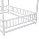 ZNTS Full Size Floor Wooden Bed with House Roof Frame, Fence Guardrails ,White W1791P148196