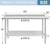 Stainless Steel Table 30 x 60 Inches Metal Prep Table with Adjustable Undershelf, Stainless Table W1192P293648