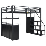 Full Size Metal Loft Bed with Storage Staircase and Wardrobe,Shelves and Lockers,Black 20859887