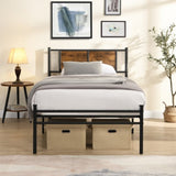 Twin XL Size metal bedframe,Headboard with wood panel decoration,black W2297P291428