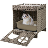 2-Tier Wicker Cat Condo with Litter Mat - Hidden Litter Box Enclosure, Detachable Washable Cushion, 98775677