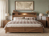 Queen size bed frame headboard with LED lights and charging station cushion platform bed frame, W636P566598