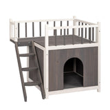 ZNTS 2-Story Wooden Feral Cat House Dog House for Outdoor and Indoor, Pet House with Stairs, Grey & White 10767951