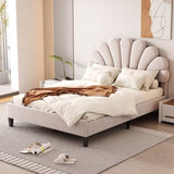 Full Size Upholstered Platform Bed with Flower Pattern Velvet Headboard, Beige WF305290AAA