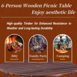 ZNTS Outdoor 6 Person Picnic Table, 6 person Round Picnic Table with 3 Built-in Benches, Umbrella Hole, W2275P149763