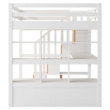 Full Size Loft Bed with Desk and Shelves, Two Built-in Drawers, Storage Staircase, White and Natural 04858801