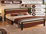 King Size Metal Wood Platform Bed Frame, 3-Panel Reddish Brown Wood Grain Headboard with LED Light & 00231457