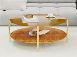 Luxurious Round Coffee Table with-Tinted Tempered Glass Top Walnut Wood Storage Shelf, Sturdy W1935P457159