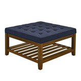 Upholstered Coffee Table Tufted Linen Large Square Ottoman with Beech Wood Shelf and Frame, W2353P183873