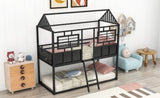 ZNTS Twin over Twin Size Metal Low Bunk Beds with Roof and Fence-shaped Guardrail, Black MF293553AAB