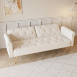 A 69.7-inch-long sofa bed covered in beige velvet fabric, featuring nail head trim and accompanied W3356P298442
