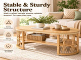 2-Tier Oval Coffee Table, 37.8" x 19.7" x 18.1", Melamine MDF & Iron Frame, Rattan Shelf, Wood Grain 74303718