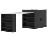 Extendable island console with drawers, double-door cabinet, and open shelving. Serves as dining 68266575