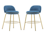 Rio Claro Indoor Metal Upholstered Barstool, Gold Finished Frame and Blue Upholstery, Set of 2 N775P268026U