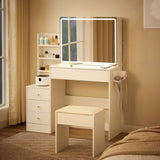 Vanity table with LED-lit mirror with power outlet and hairdryer shelving, with 4 drawers and W1668P197385
