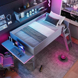 Wood Twin Size Gaming Loft Bed with Desk and LED, Grey N709P236479E