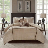 7 Piece Faux Suede Comforter Set Beige Queen B03596754
