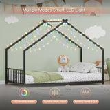 Twin size children's bed frame with LED light strips, roof-shaped iron frame bed, black,78.5" L x W1820P308329